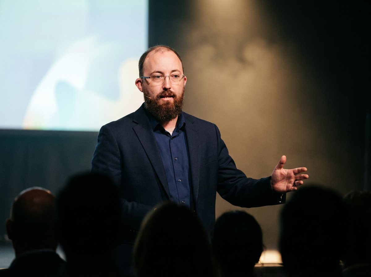 Adam Nager speaking on stage